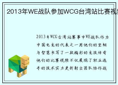 2013年WE战队参加WCG台湾站比赛视频