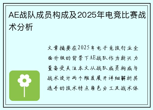 AE战队成员构成及2025年电竞比赛战术分析
