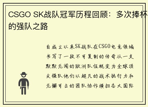 CSGO SK战队冠军历程回顾：多次捧杯的强队之路